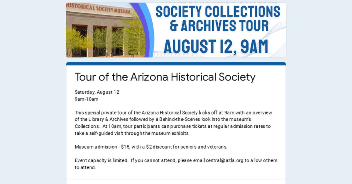 Just one week before our Central Region meet-up!  Take a behind-the scenes tour of the Arizona Historical Society collections and archive before exploring the museum at your leisure! 

9am tour is free- Sign up today at buff.ly/47n9Kvl