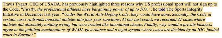 MiRandB13's tweet photo. @EthNick_ "WADA again took aim at the fact that US professional sports are not signatories to the World Anti- Doping Code."

Travis Tygart, CEO of US Anti-Doping Agency (USADA) responds. https://t.co/vZ2SKD5YnP
