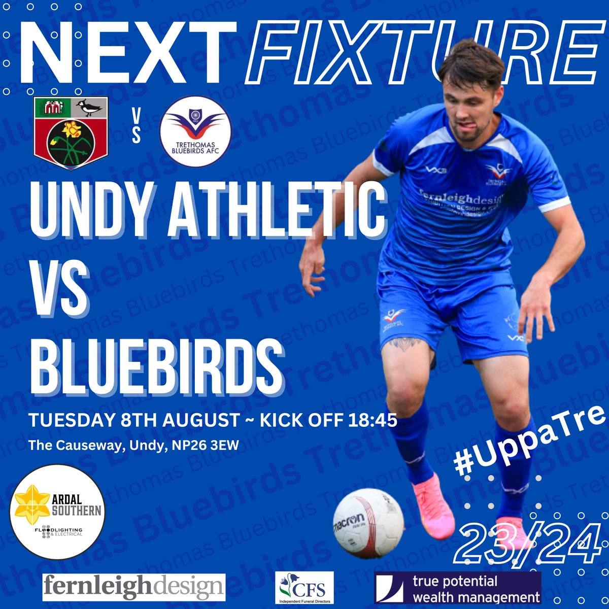 Next up in the league we face Undy Athletic on Tuesday evening, we face them after their impressive win against Risca in the first game of the season so expect a stern test - Get to Undy if you can and support the boys
@FernleighDesign 
<a href="/TruePotential_/">True Potential</a> 
#UppaTre