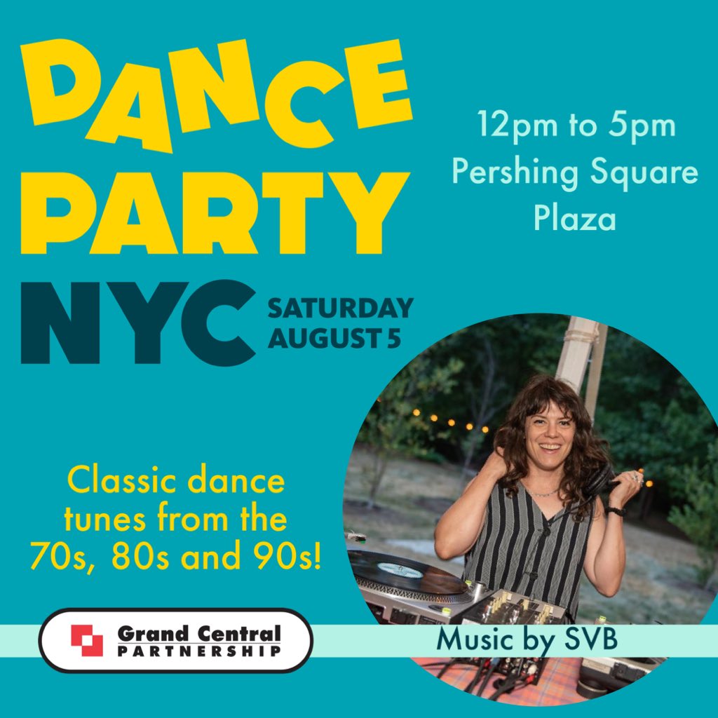 Happening NOW! 🎵 #DancePartyNYC is taking over Pershing Square Plaza in Midtown East. Get down with SVB's all-vinyl set of classic 70s-90s tunes till 5pm! Join this citywide celebration 🕺💃 #NYCEvents #LiveMusic #Disco #HouseMusic #HipHop #Pop #NewWave