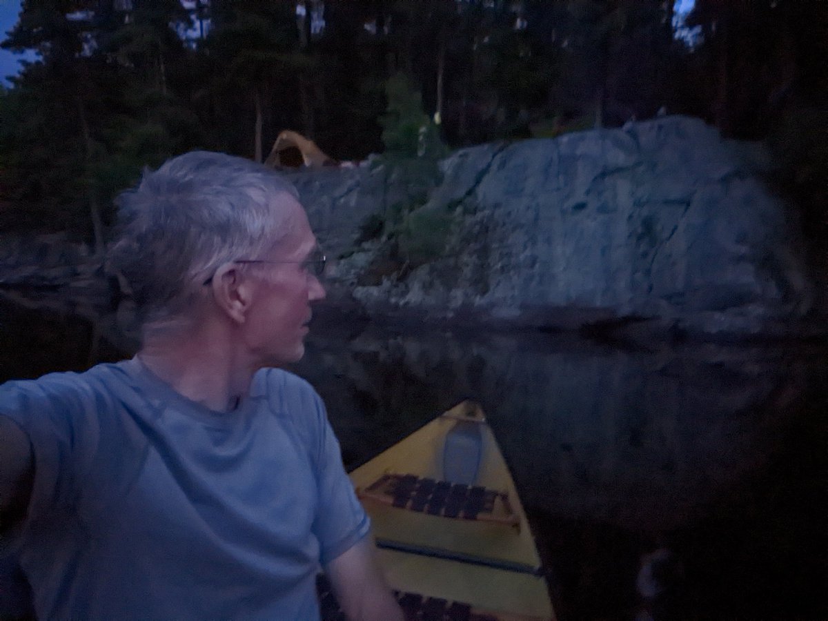 BurlCrone's tweet photo. Our last night on Kawigamog, after the rain.

Only 1 object from my tent (visible) got dropped and fell over the cliff edge (these pictures are from the recovery mission - a portable accordion light that floated and survived) https://t.co/CFnWnZkVSr