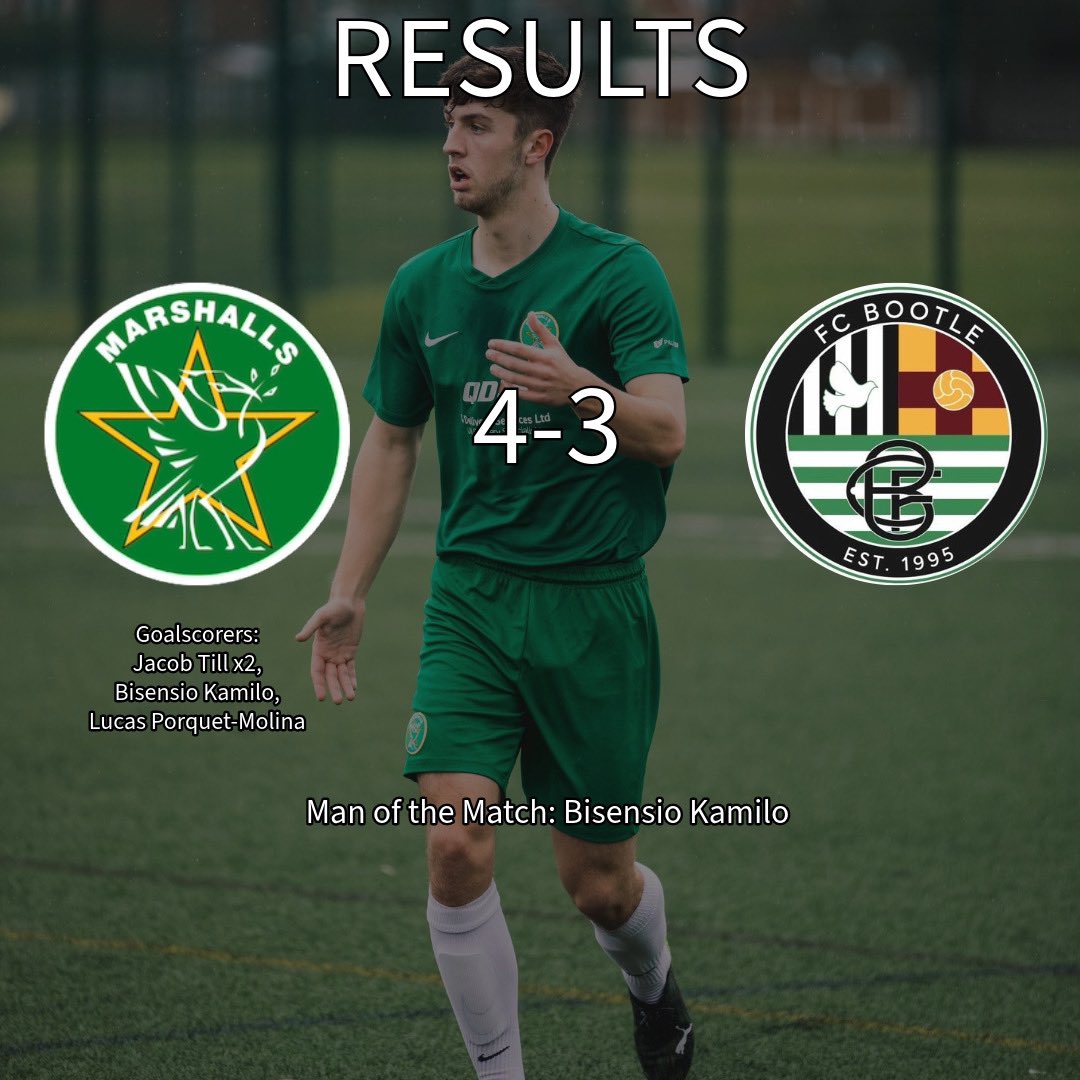 marshalls_fc's tweet photo. Results:

We come away with 3pts in our first game of the season against a good @fcbootle. 

Some quality football played today but got lots to learn from as well.

MOTM goes to Bisensio Kamilo who was quality on his debut. 💚⚽️ https://t.co/vE5nbJE30r