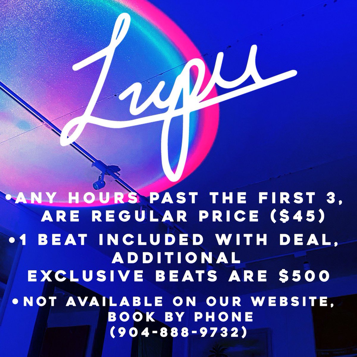 LupuStudios's tweet photo. ATTENTION: We want to surprise you all for the month of August! 🗓️

$100 will get you one beat made from scratch, you keep the exclusive!

+

3 full hours to record over the beat or another beat of your choice!

Text or call the number listed below to book.

#LUPU 🕌 https://t.co/W4nH1rq474