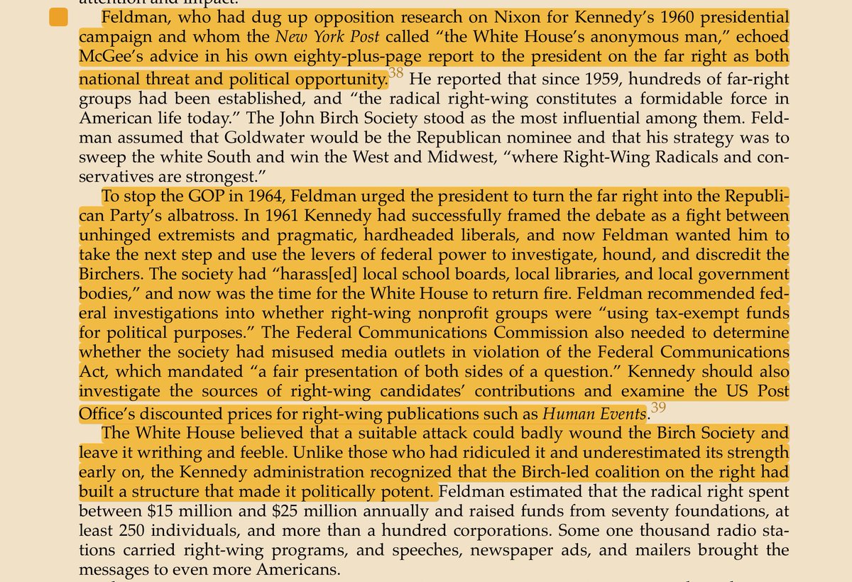 jackhutton's tweet photo. “To stop the GOP in 1964, Feldman urged the president to turn the far right into the Republican Party’s albatross. In 1961 Kennedy had successfully framed the debate as a fight between unhinged extremists and pragmatic, hardheaded liberals,
#Birchers #rightwing #extremism #dallek https://t.co/rFtkjA1hKB