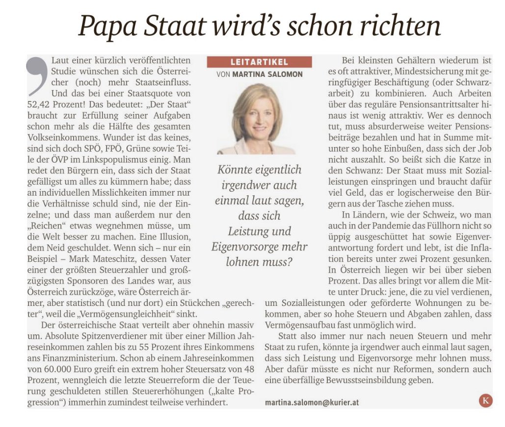 Ich habe nicht gedacht, dass man das in Österreich noch publizieren darf, aber danke für ein bisschen Erinnerung an ursprüngliche Tugenden.