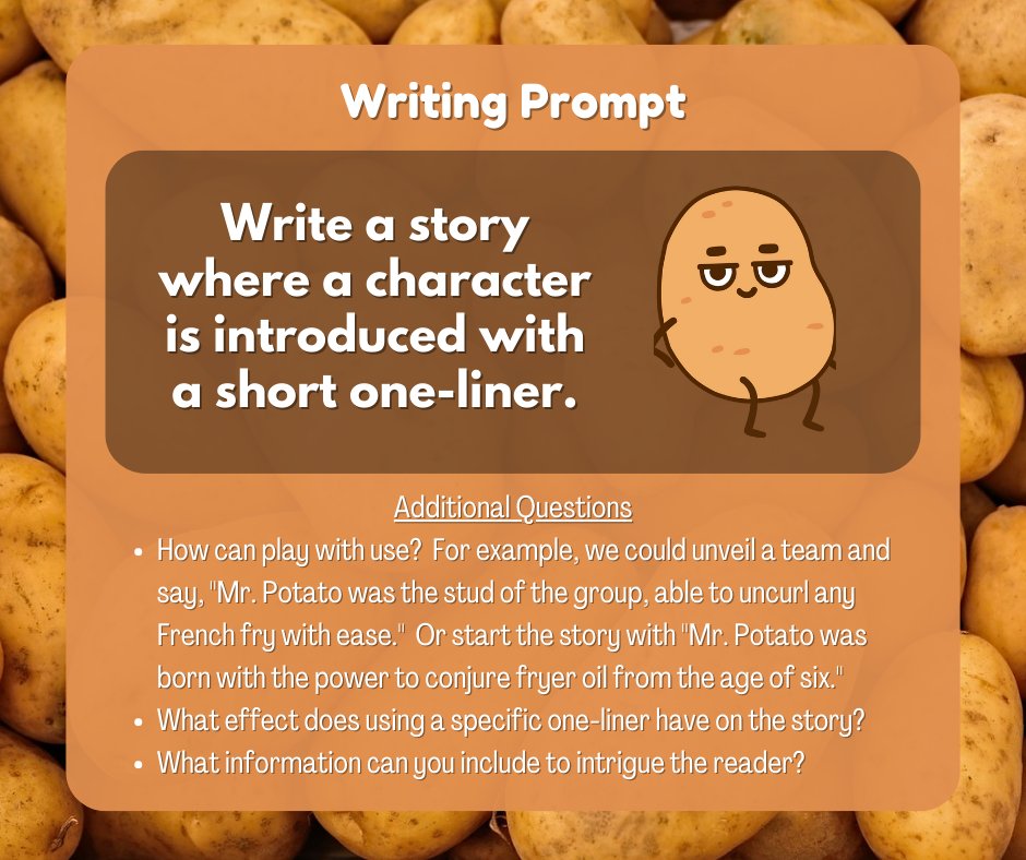 CuriousCurlsPub's tweet image. Potato powers!  Tell us your crispy one-liner!

#oneliner #introductions #characterintro #potatoes #potatostory #mrpotato #frenchfrystory #writethisstory #authorpowers #slycooper