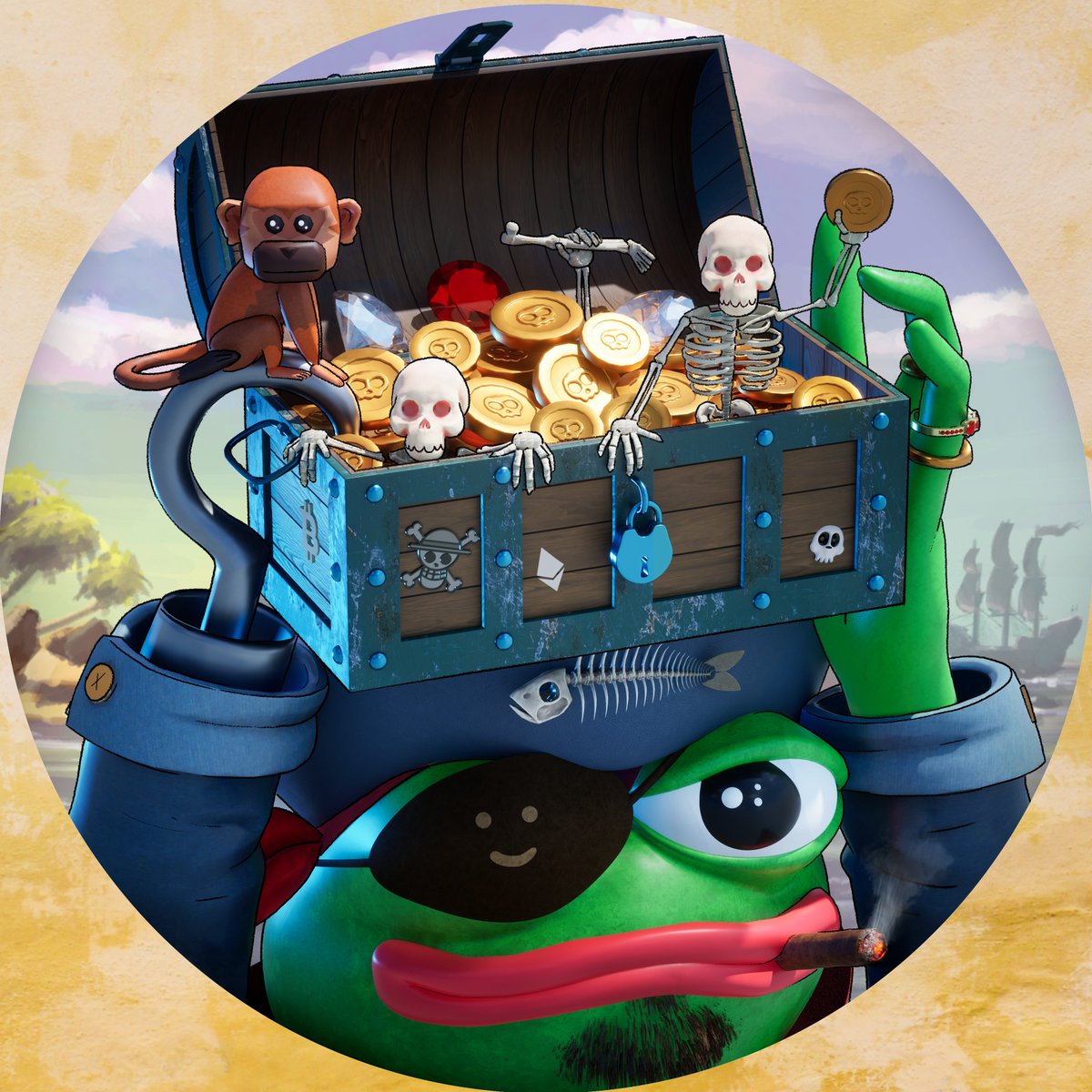 Pepe's Golden Skull  🐸💀🏴‍☠️🐒

Edition 5/5

Link 👉 app.manifold.xyz/c/pepe-golden-…

Each collector who obtains an edition of "Pepe's Golden Skull" has the right to ask me for a 1/1 "Skulls of Pepe" of his choice, according to his tastes and desires.

All 1/1 Pepe's Skull owners are now