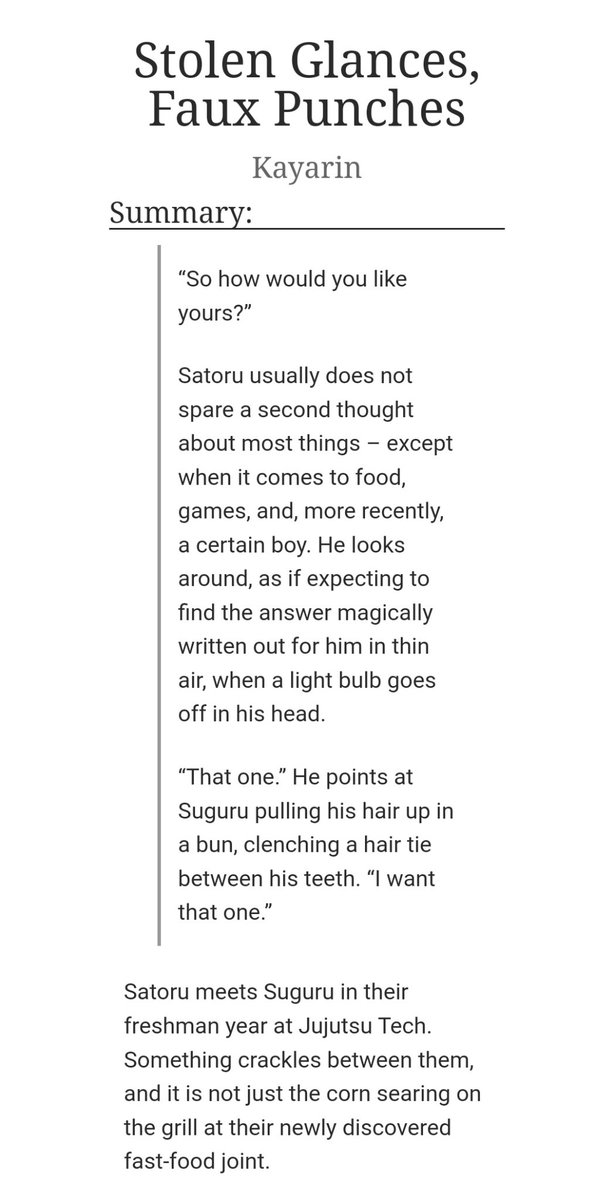 Kayarin7's tweet photo. ❝Stolen Glances, Faux Punches❞ 

#SatoSuguFluffWeek2023 | Day 8 (Free Day) 

T • 9.5k •  Fluff 

📎Read: https://t.co/Zvc829mRuJ 

#SatoSugu #五夏 #夏五 #GojoSatoru #GetoSuguru #JujutsuKaisen https://t.co/jZCsL1G6t1
