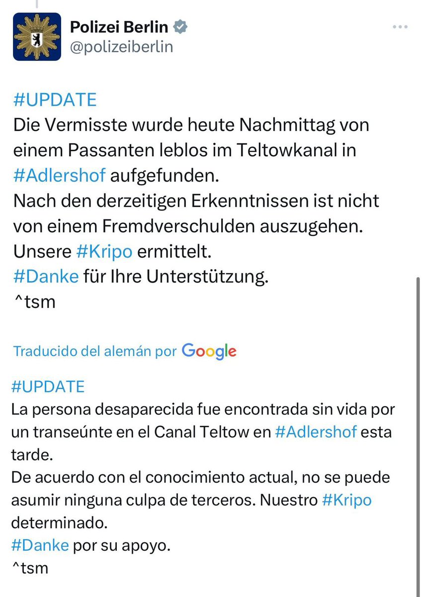 Adela_Micha's tweet photo. 🚨 #AHORA| La policía de Berlín refiere que el cuerpo de la joven mexicana María Fernanda fue hallado en el canal Teltow en Adlershof. https://t.co/dPuOhgVtXv