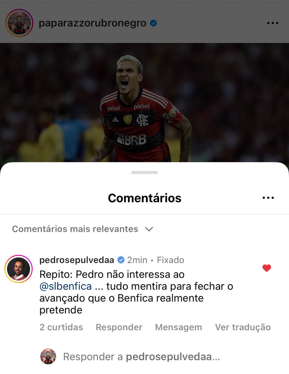 O jornalista português, @pedromsepulveda, comentou na matéria sobre a  proposta do BENFICA pelo Pedro, recusada pelo FLAMENGO! O jornalista  comentou que é tudo mentira do clube português! Que estão fazendo isso para, image size:928x1200