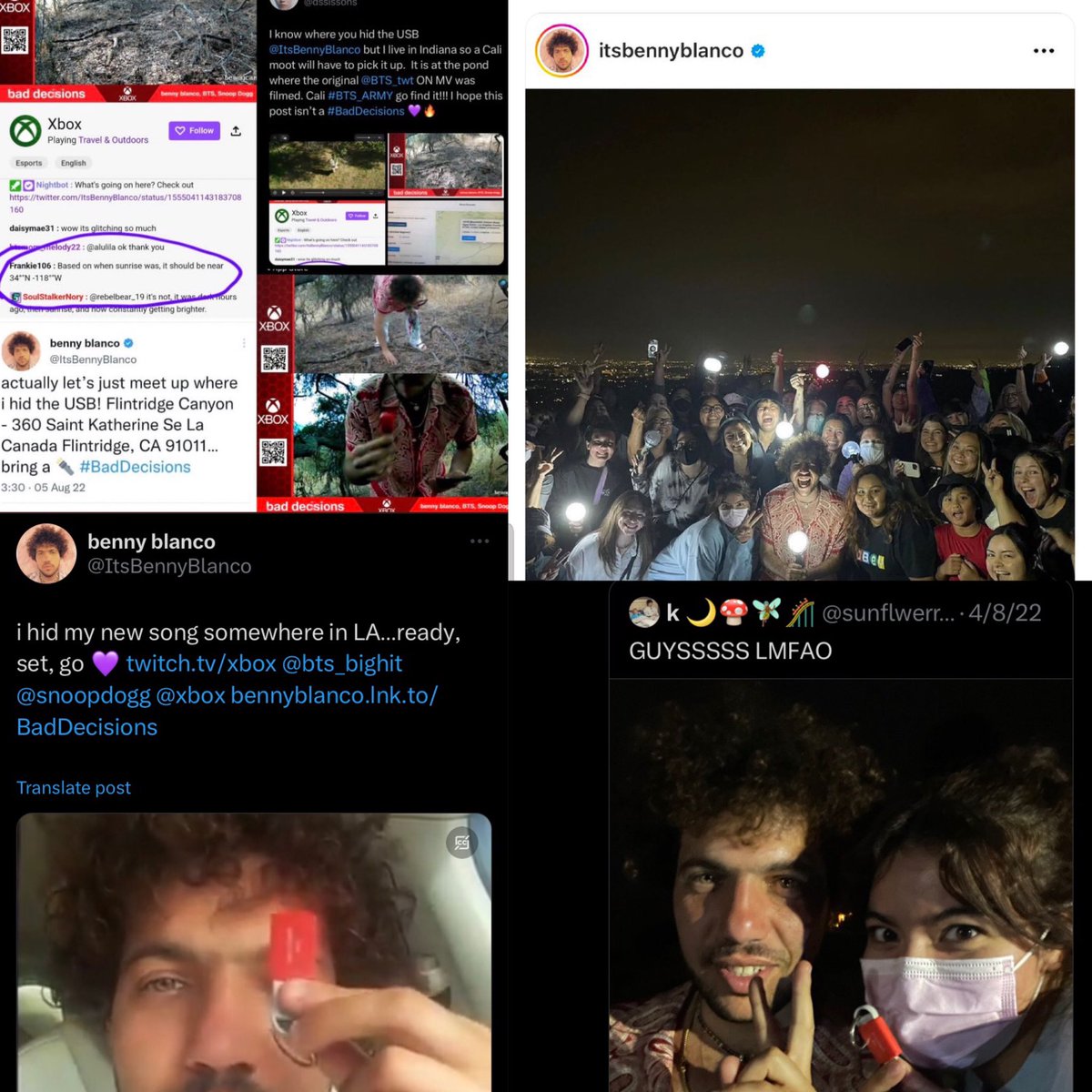 un año desde que benny blanco escondió un usb con bad decisions en alguna parte del bosque de los angeles para que army lo encontrara, luego dió la dirección y algunas sí fueron y se reunieron con él, insuperable