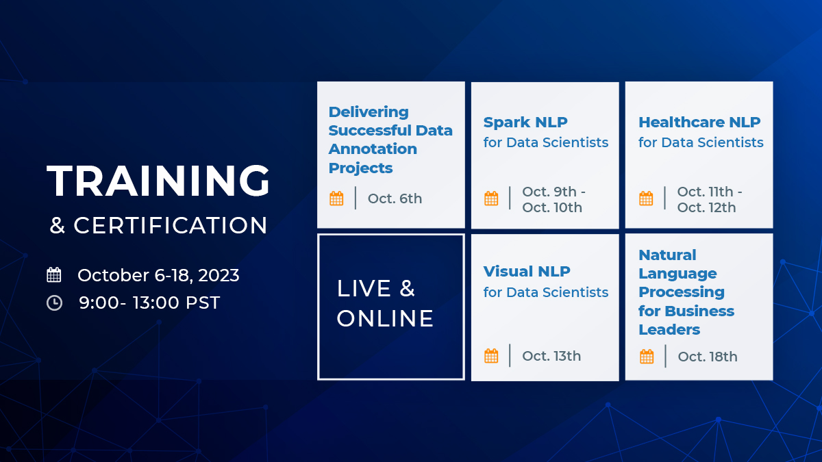 JohnSnowLabs's tweet image. Join us for the upcoming training sessions and take your data science skills to the next level! Our expert-led courses are designed to help you master the latest techniques and technologies in data science. 
Learn more: hubs.li/Q01-7NNW0 
#DataAnnotationProjects #SparkNLP