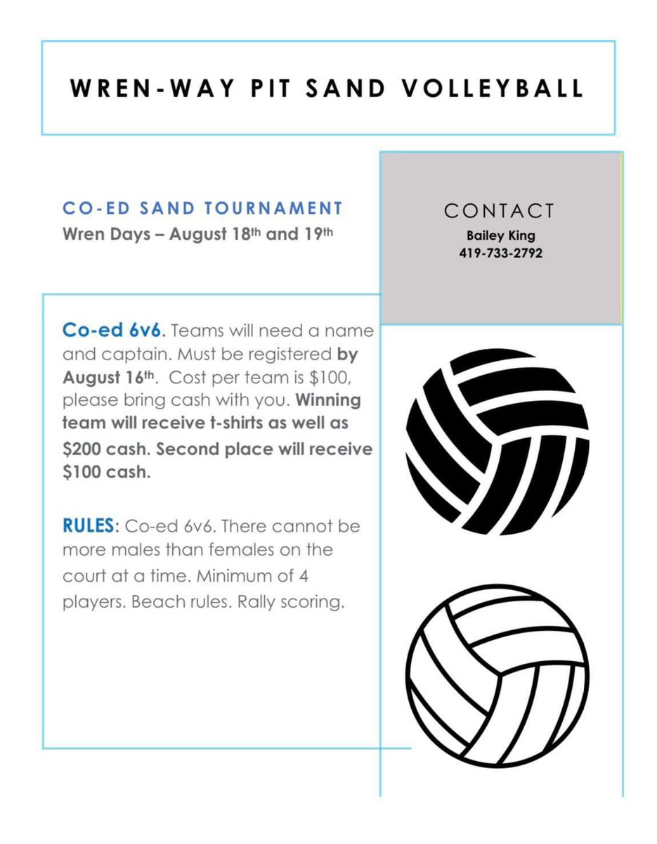 The Wrenway Pit Sand Volleyball Tournament is back! 🥳 Contact Bailey King 419-733-2792 to sign up.