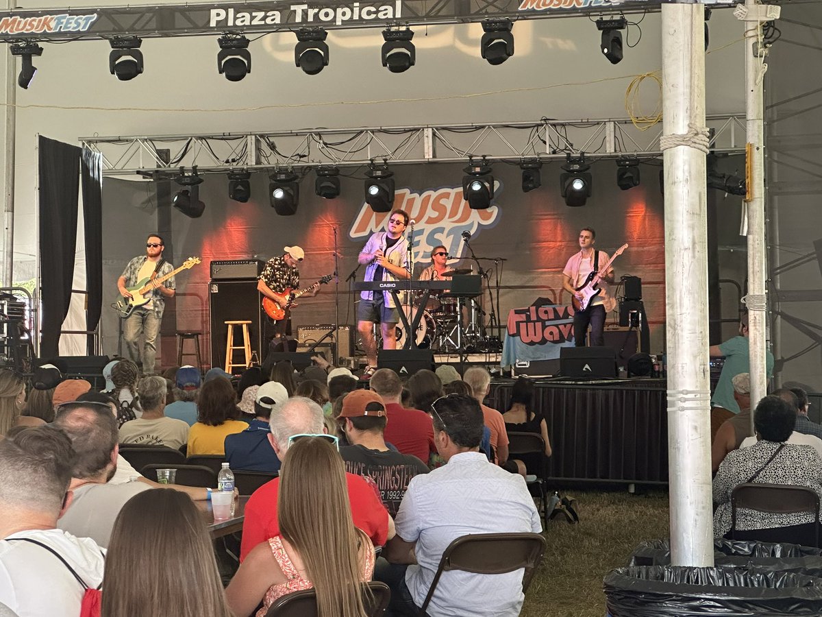 Our second band @flavorwaveband is providing some real groovy vibes at the Plaza Tropical stage! @Musikfest @basdjacksilva @BethlehemAreaSD