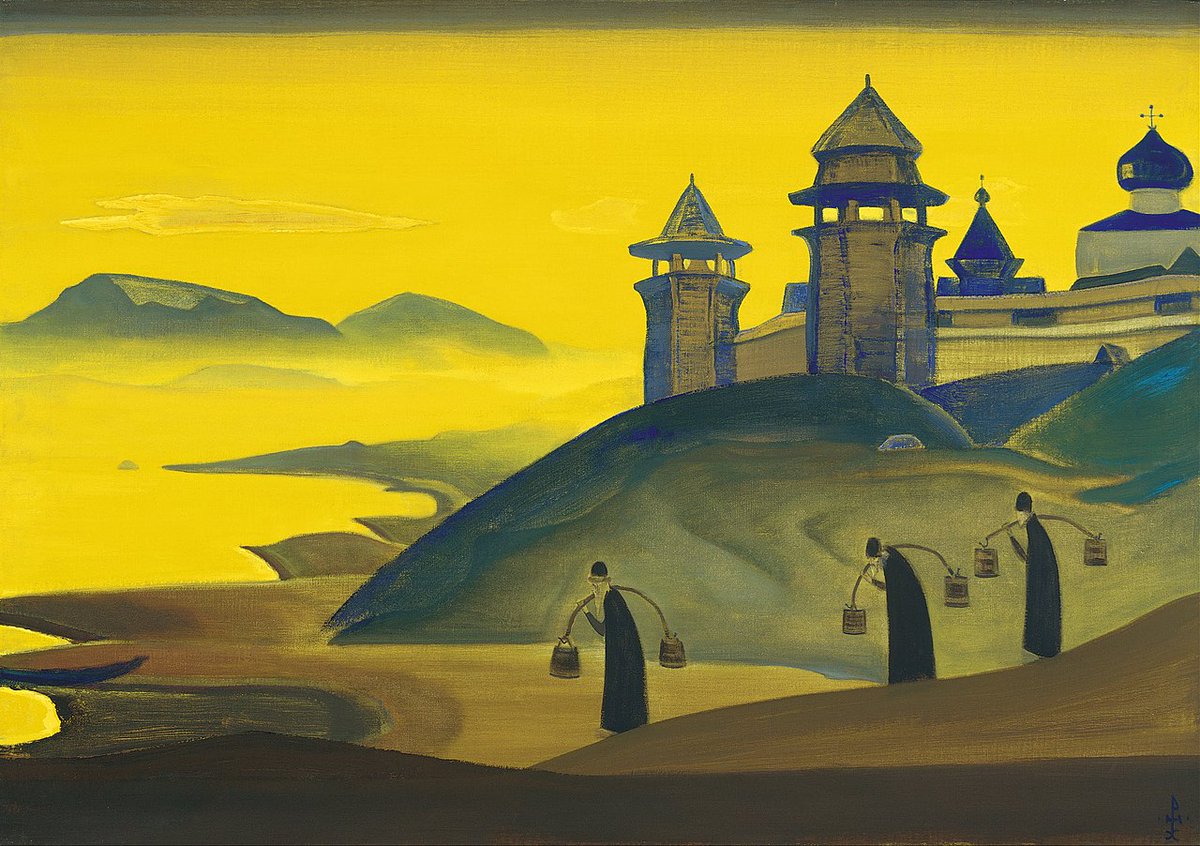 Beyond his incredibly distinctive personal style — the fantastical atmosphere, vivid colours, and dreamlike settings — Roerich was also unusual because of his diverse religious interests.

Christianity, Buddhism, history, and mountainscapes are regular subjects in his art.