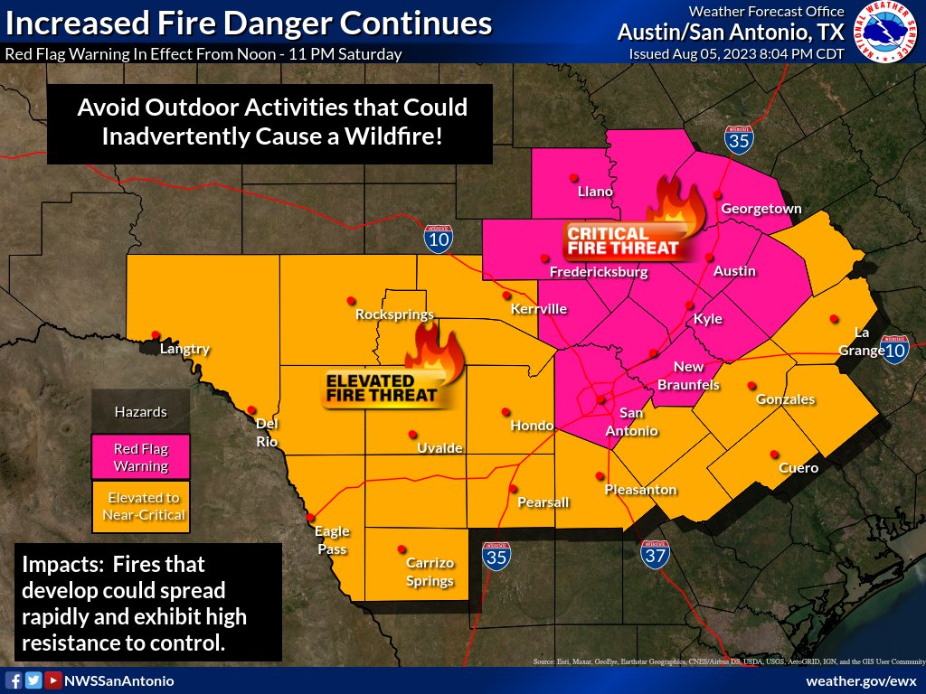 NWSSanAntonio's tweet photo. The Red Flag Warning has been extended into Sunday. Please use extreme caution with any outdoor activities with flames or that could cause a spark and inadvertently start a wildfire! We have seen an increase in fires that are difficult to control this past week. https://t.co/bE039xR5Gk