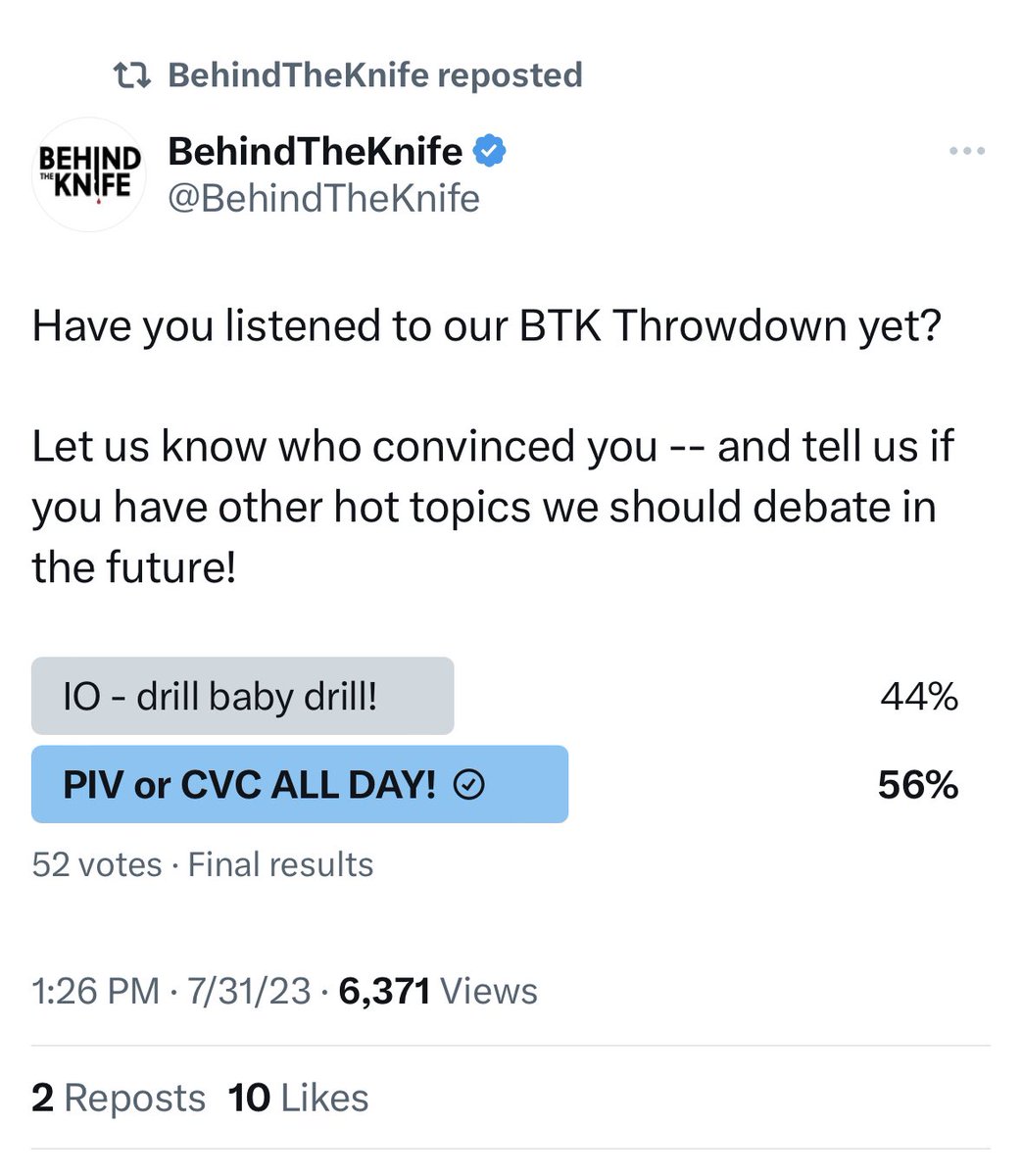 The people have spoken 

PIV or CVC all day <a href="/BehindTheKnife/">BehindTheKnife</a> keep the drilling to ortho