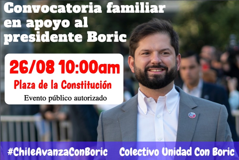 MEugeni80338158's tweet photo. #ChileAvanzaConBoric 
Convocatoria familiar pacífica sábado 26 de agosto 10:00 Plaza de La Constitución. En apoyo al presidente, su gobierno y proyecto social.
Organiza Colectivo Unidos Con Boric. https://t.co/UVtDqxmPSq