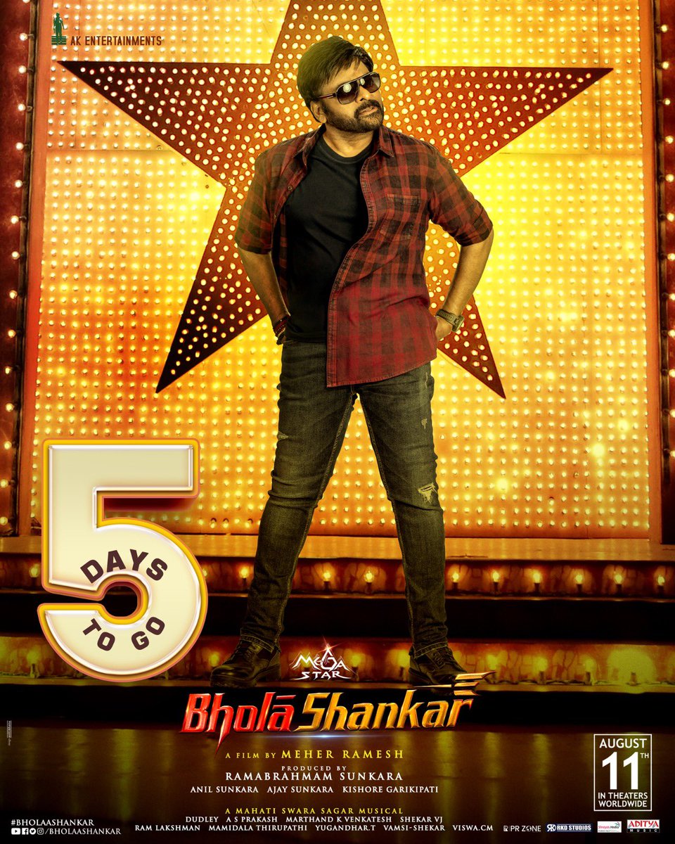 Emperor of Entertainment 
our #MegaStar is arriving as #BholaaShankar 🔱 a film by <a href="/MeherRamesh/">Meher Raamesh</a> in 5 days🌟Enjoy the Mega swag,Humour,
Emotion,Dance&amp;Action along with <a href="/tamannaahspeaks/">Tamannaah Bhatia</a> <a href="/KeerthyOfficial/">Keerthy Suresh</a> <a href="/iamSushanthA/">Sushanth A</a> <a href="/MukhiSree/">SreeMukhi</a> 
A <a href="/SagarMahati/">Mahati Swara Sagar</a> thumping musical 🎶 <a href="/AKentsOfficial/">AK Entertainments</a>