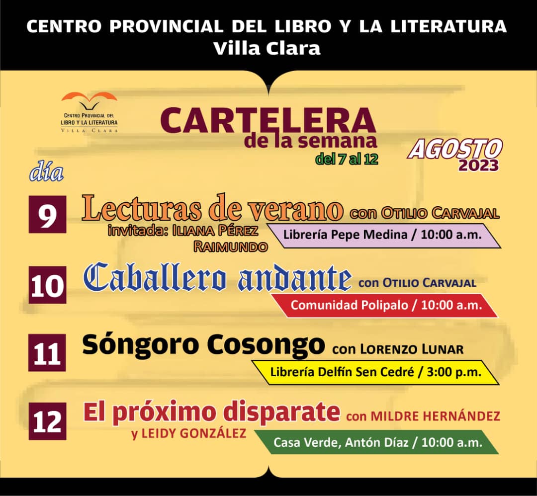 CPLibroVC's tweet photo. Los invitamos a revisar la cartelera de la próxima semana del Centro Provincial del Libro en Villa Clara.
@guamovcl @50Trabajadores @Granma_Digital @AlpidioAlonsoG @PresidenciaCuba @AbelPrieto11 @DPCulturaVC @CasAmericas @CubaCNCC @SergueyPerezP @AlbertoLopezVC @TurinoYeni https://t.co/QluoIDqouj