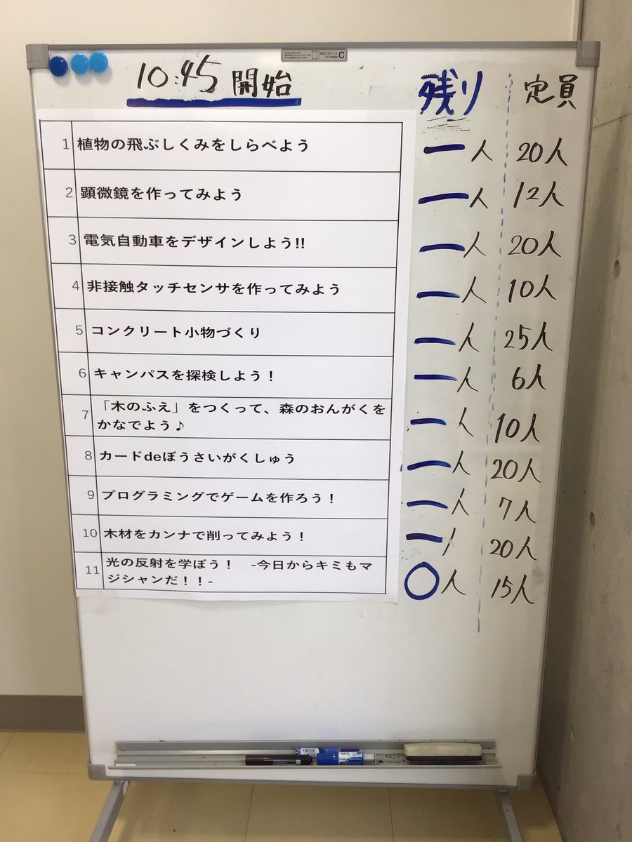 \#こども科学教室　各テーマ整理券配布状況/

こんにちは☀️

10:45開始のテーマごとの整理券配布状況になります。
全て配布終了しました。

大変暑くなってきましたので、こまめな水分補給を摂るなど
熱中症には十分注意しながら楽しんでいってください🐥

#前橋工科大学 #前工大  #MIT
