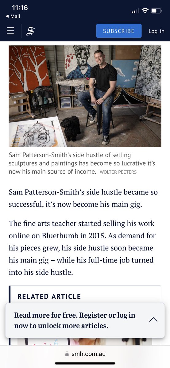 George Hartley (@gthartley) on Twitter photo Sam Patterson-Smith used to teach art, and started selling so much on <a href="/BluethumbArt/">Bluethumb Art</a> he’s now a successful full time artist.
Love to see it 💙. Front page on <a href="/smh/">The Sydney Morning Herald</a> (thanks <a href="/AmberMaySchultz/">Amber Schultz</a> ).
smh.com.au/national/from-… Sam Patterson-Smith used to teach art, and started selling so much on <a href="/BluethumbArt/">Bluethumb Art</a> he’s now a successful full time artist.
Love to see it 💙. Front page on <a href="/smh/">The Sydney Morning Herald</a> (thanks <a href="/AmberMaySchultz/">Amber Schultz</a> ).
smh.com.au/national/from-…
