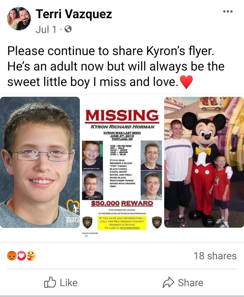 Since Kyon's disappearance, Terri Horman has been arrested for theft of a gun & domestic violence & poss of a stolen car. 1 man said she held a knife to his throat &  she tried to have another killed. She continues to flood Facebook with flyers about Kyron. #kyronhorman