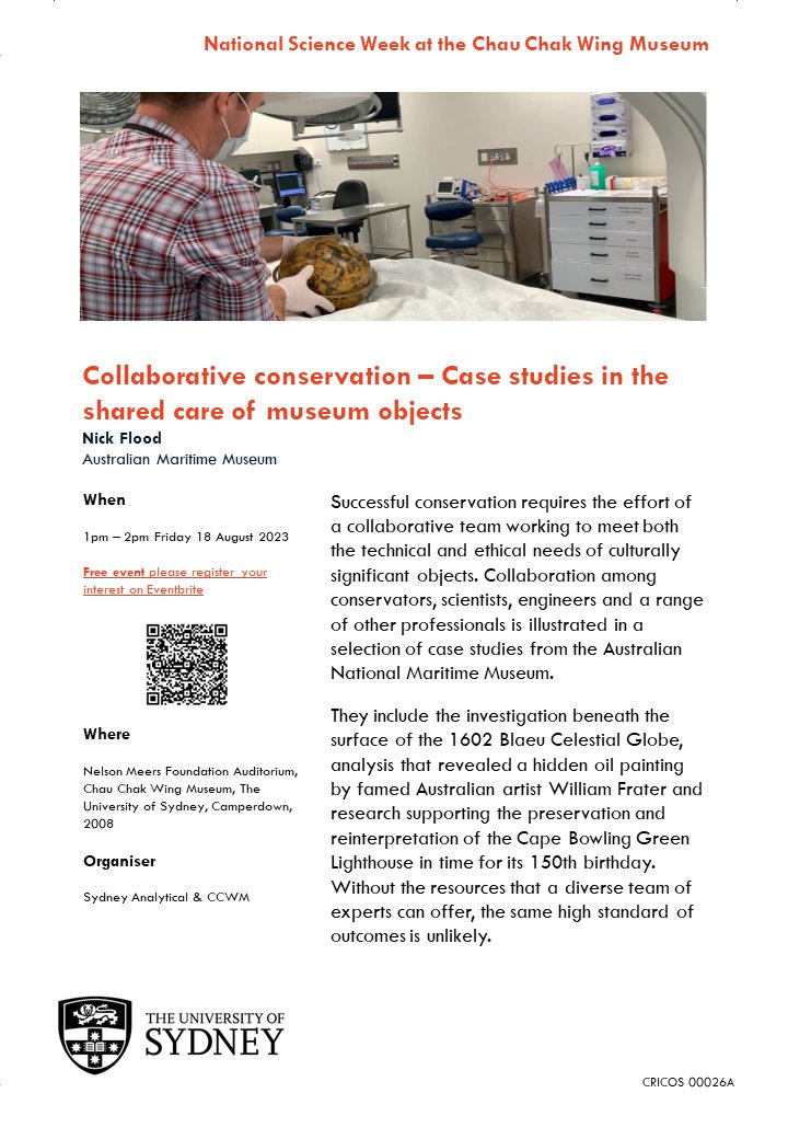 LLeungg's tweet photo. Conservator Nick Flood @seamuseum_ will be hosting 'Collaborative #conservation - Case studies in the shared care of #museum objects' for @Aus_ScienceWeek 1pm Friday 18 Aug. 
Register: https://t.co/lPrCBimczT
@Sydney_CRF @ccwm_sydney @GLAMatSydney @UsydSoH
@Sydney_Science https://t.co/sJdPkGHpx1