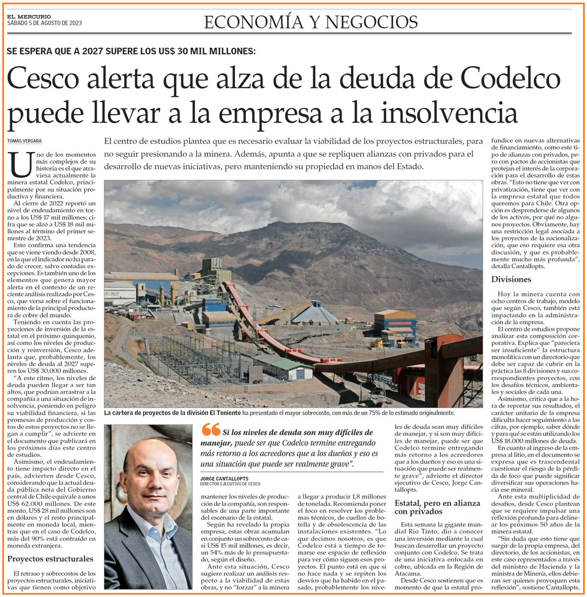 sergiou01329861's tweet photo. Codelco al borde de la quiebra.
Centro de estudios del cobre y la minería alerta que alza de la deuda de Codelco puede llevar a la empresa a la insolvencia.
Este alto endeudamiento tiene impacto directo en el país ya que actual deuda pública de gobierno es de US$ 62.000 millones. https://t.co/gwocyDicXv