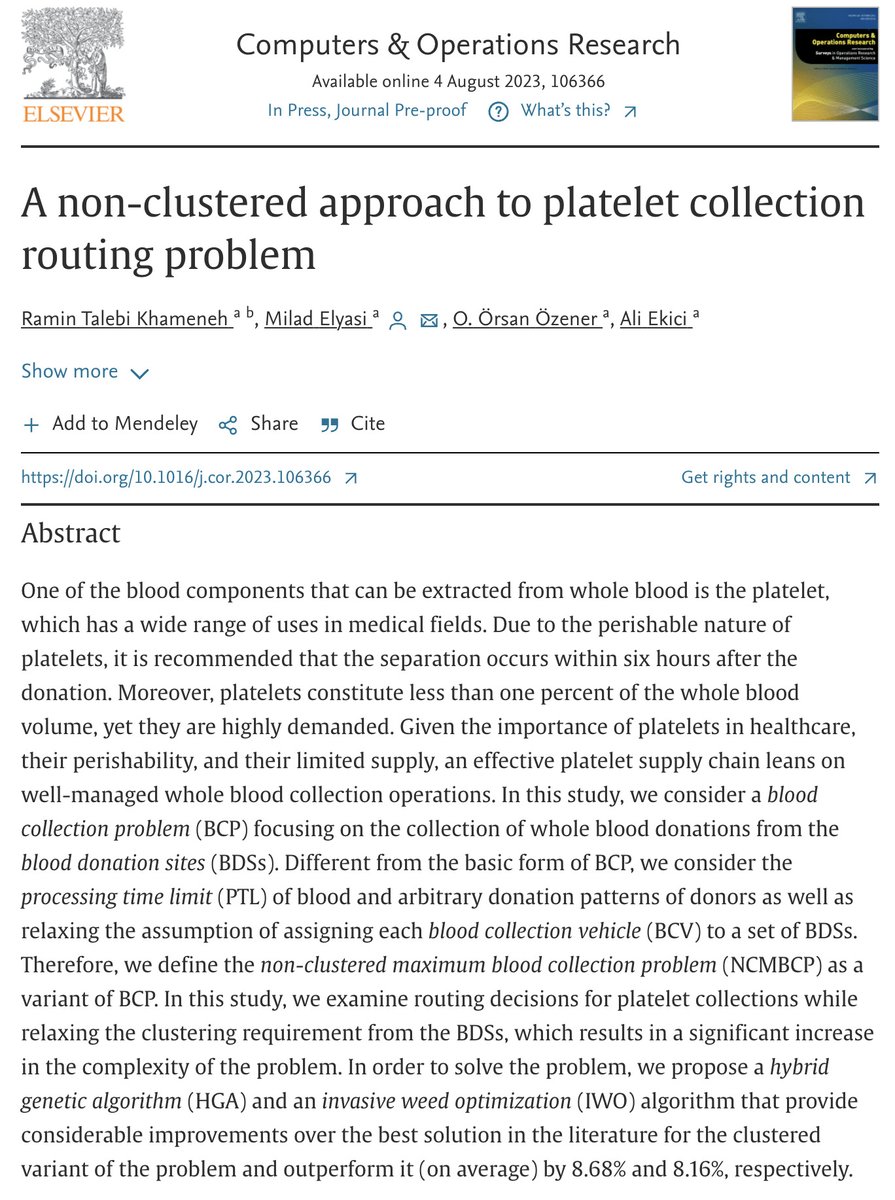RKhameneh's tweet photo. Just published: Our new paper on Maximum Blood Collection Problem using metaheuristics! 

8% improvement over existing methods!

Explore our #Optimization research: https://t.co/sre2oxKQes

#VRP #Metaheuristics #GeneticAlgorithm #InvasiveWeedOptimization #BloodSupplyChain https://t.co/N8bOAgbami