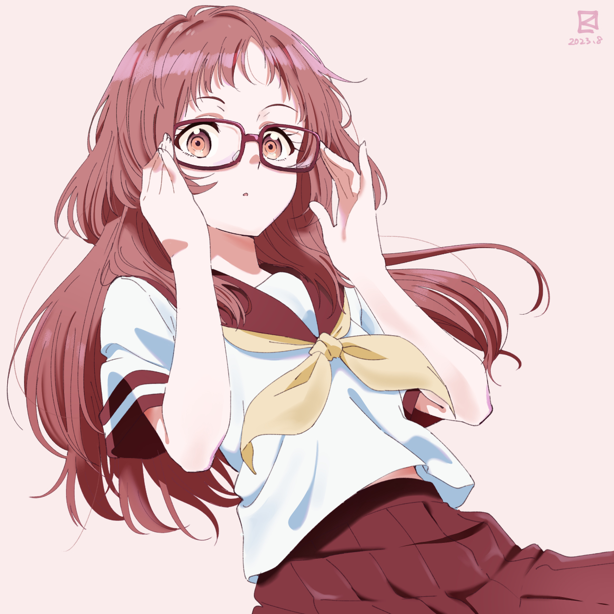 1girl solo glasses school uniform skirt long hair yellow neckerchief  illustration images