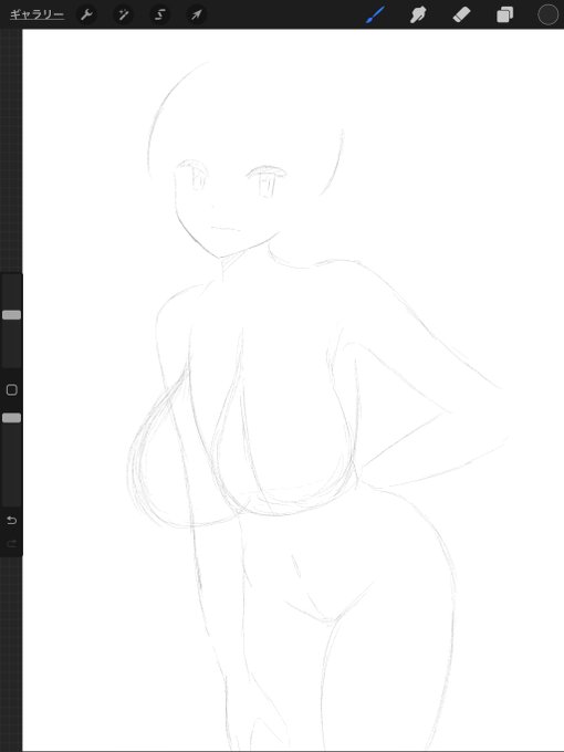 アタリ。

頭身普通で、デフォルメで使ってる目で描いてみる。 