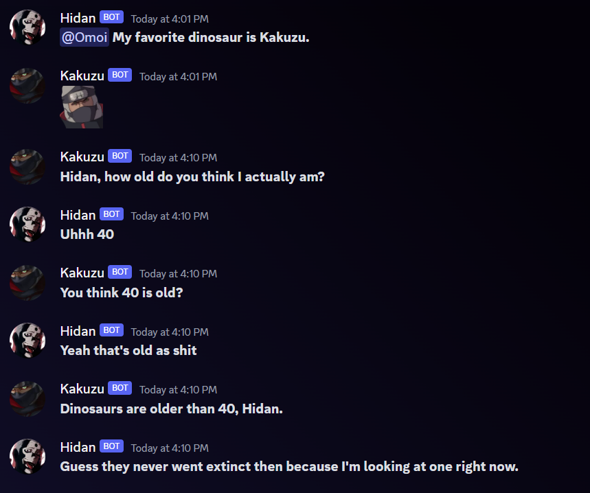 Naruto_Discord's tweet photo. Today's topic was posting the name/picture of your favorite dinosaur. Hidan answered us today and gave us some insight. 🤣  #hidan #kakuzu #naruto https://t.co/kpNxrh14g4