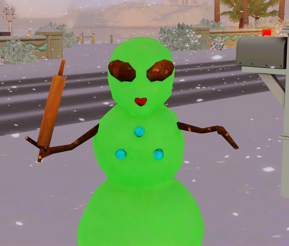 Starwinxie's tweet photo. I've been playing Sims 3 since 2009 and I was today years old when I realized an alien makes an alien snowman😭 https://t.co/8swjqBgCG3