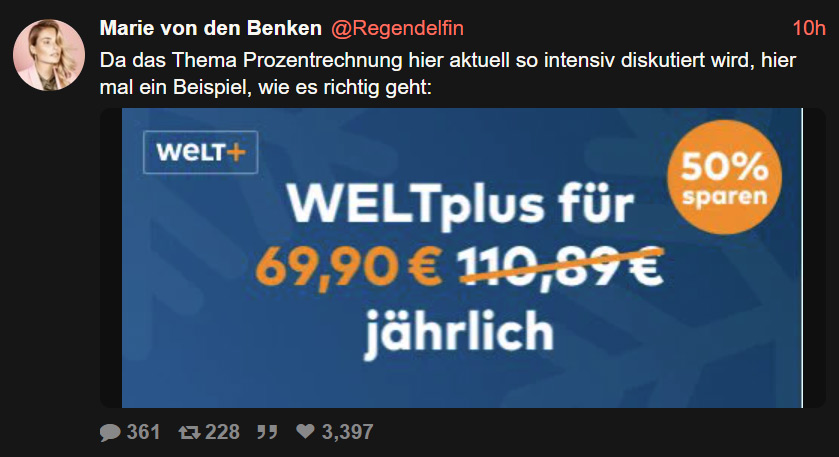 Bedenklich: Mit Mathe hat es die Marie nicht so. 😏

Die Grafik des Februar-Angebots für den Jahresrest ist sinnverfälschend beschnitten. 50% von 9,99, also 4,99 pro Monat und das für 6 Monate =29,94. Die restlichen 4 Monate zum vollen Preis von 9,99 =39,96.
29,94 + 39,96 =69,90.