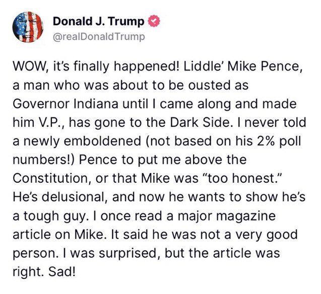 And now Donald Trump tells us that his VP for 4 years was a bad person. “Only the best people.”

I truly believe that Mike Pence can bury Trump if he tells the public everything he saw and everything he knows about Trump. 

Speak up, <a href="/Mike_Pence/">Mike Pence</a>, you have nothing to lose.