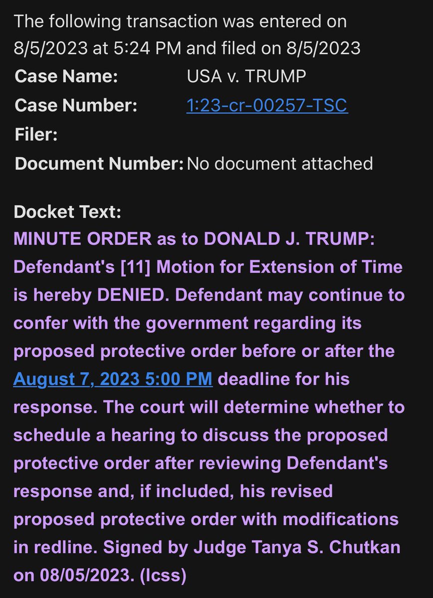 MuellerSheWrote's tweet photo. BREAKING: Judge Chutkan has DENIED trump’s motion seeking more time to respond to the DoJ motion for a PROTECTIVE ORDER over discovery. https://t.co/Bkh56WEHru