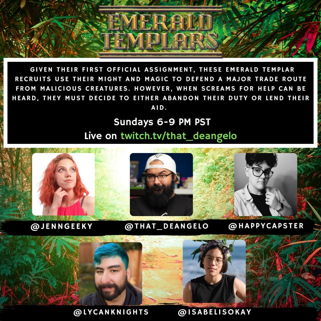 That_DeAngelo's tweet photo. Tomorrow night @JennGeeky @HappyCapster @LycanKnights @isabelisokay do all they can to help the people of Nazreya during disaster. With sword and sorcery, these Emerald Templar recruits stand against creatures crafted from foul nature magic.

But is it enough? #ttrpg https://t.co/jMwvE4CQ1J