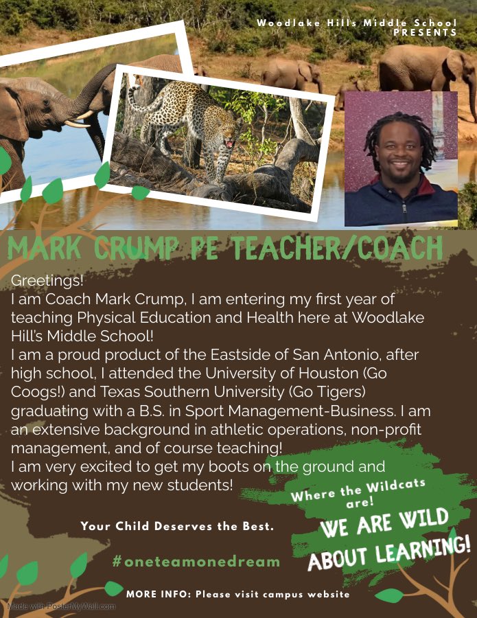 Attention Wildcats! Help me welcome Mr. Crump to <a href="/WHMSwildcats/">Woodlake Hills Middle School</a> <a href="/JudsonISD/">Judson ISD 🍎</a>
