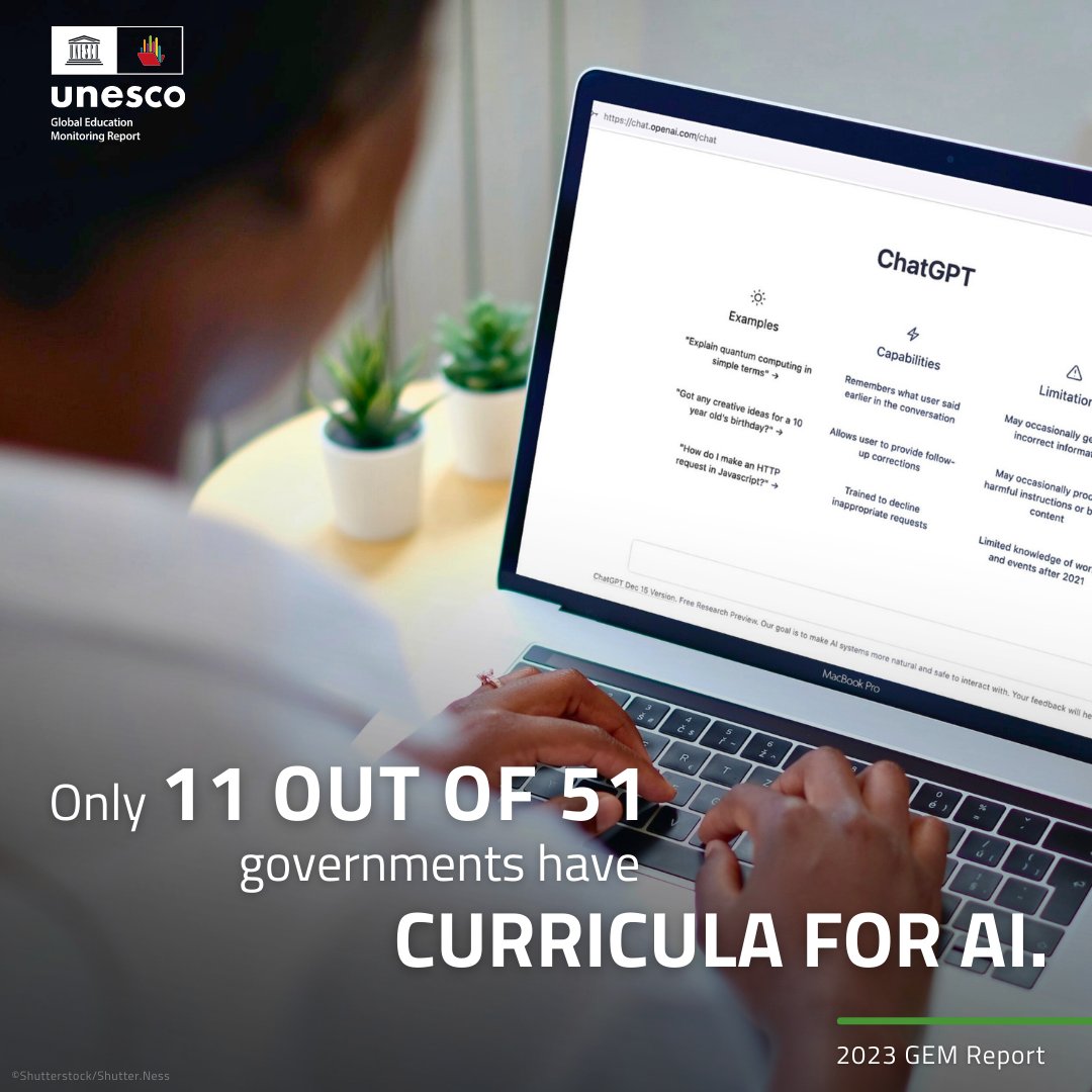 Tech changes fast, stressing education systems to adapt. Digital literacy & critical thinking are vital with AI growth. Only 11 out of 51 surveyed govts have AI curricula. NEW 2023 #GEMReport reflects on education in an AI-driven world: on.unesco.org/43IPUY2 #TechOnOurTerms