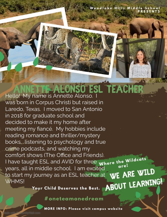 Attention Wildcats! Help me welcome Ms. Alonso to <a href="/WHMSwildcats/">Woodlake Hills Middle School</a> <a href="/JudsonISD/">Judson ISD 🍎</a>