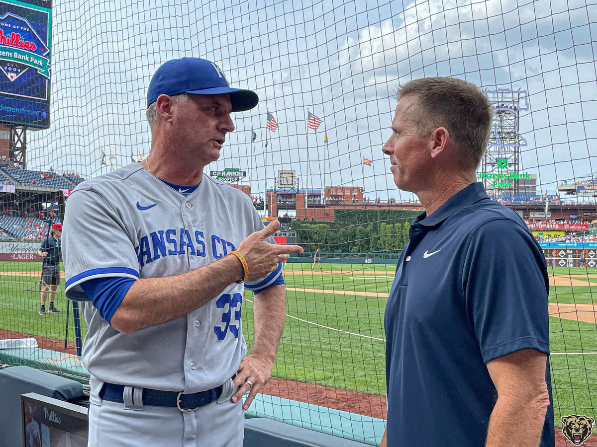 KUBearsBaseball's tweet photo. From college teammates at Old Dominion, to managing a big league club! Manager, Matt Quatraro of the Kansas City Royals and Kutztown Baseball Head Coach, Eric Folmar catching up prior to tonight’s game in Philadelphia! https://t.co/js4f8wAPLT