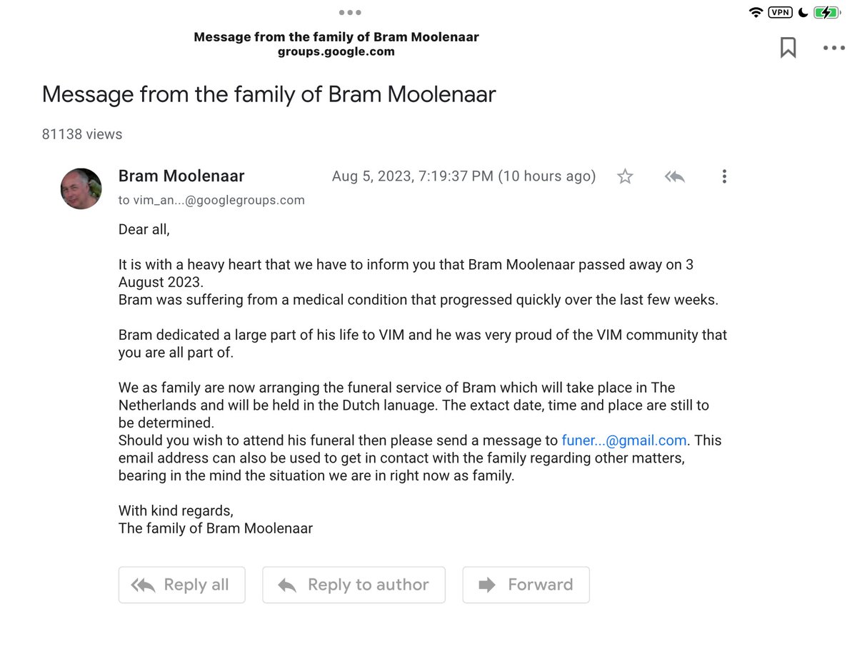 RIP Bram Moolenaar. Thank you for vim.