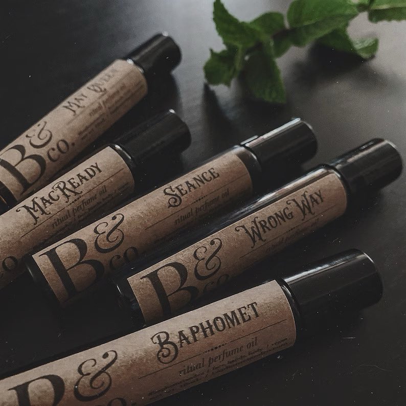 step into the shadows of our ritual perfume set - u-pick box. this offering reveals three or five mesmerizing full-size roller-ball vials of alluring perfume oil. 

baphometandco.com