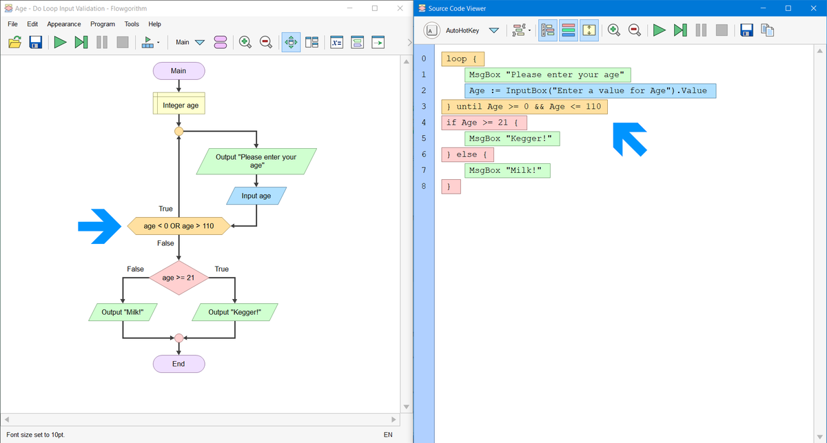 flowgorithm's tweet photo. The next version will also support negated expressions using DeMorgan's Law. 

It will result in far more eloquent generated code for languages that have a Do-Loop that either breaks or uses Until. https://t.co/0GMikNkO5u