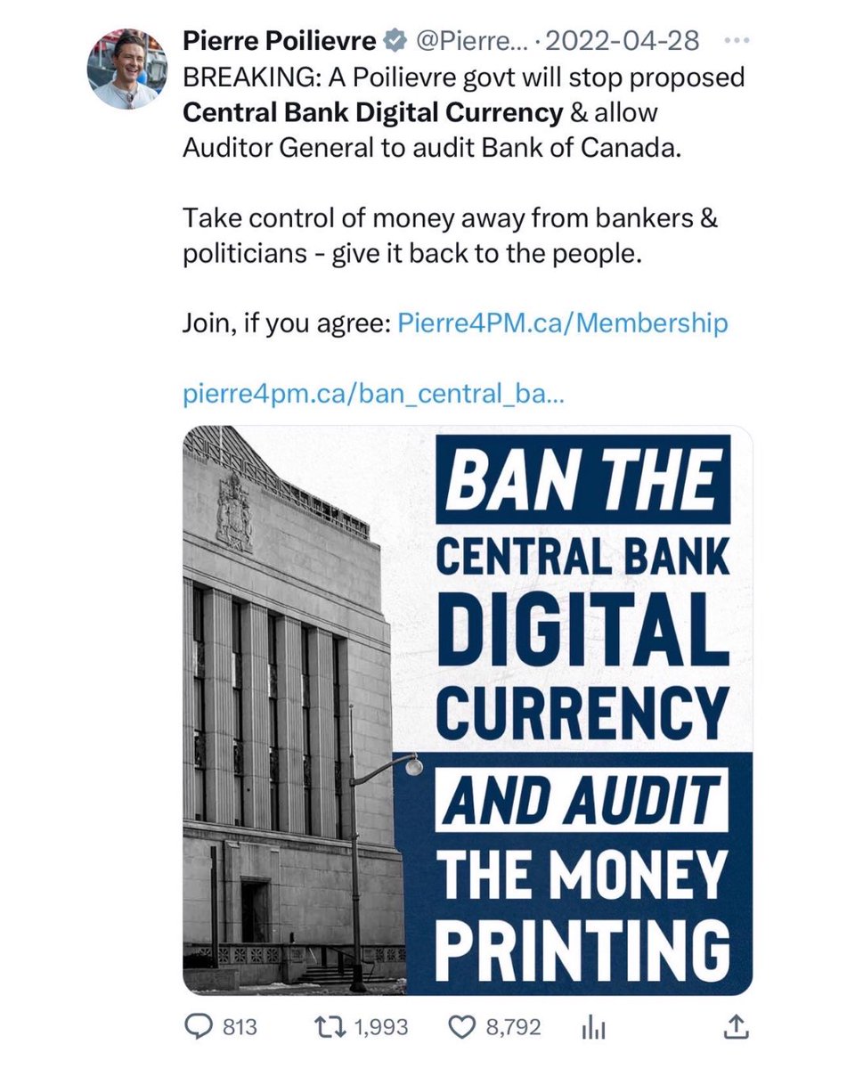 PierrePoilievre's tweet image. I said it over a year ago and meant it:

I will stop the central bank digital currency, protect your freedom to use cash, and get the government out of your wallet. 

Sign here if you agree: conservative.ca/cpc/reject-a-c…