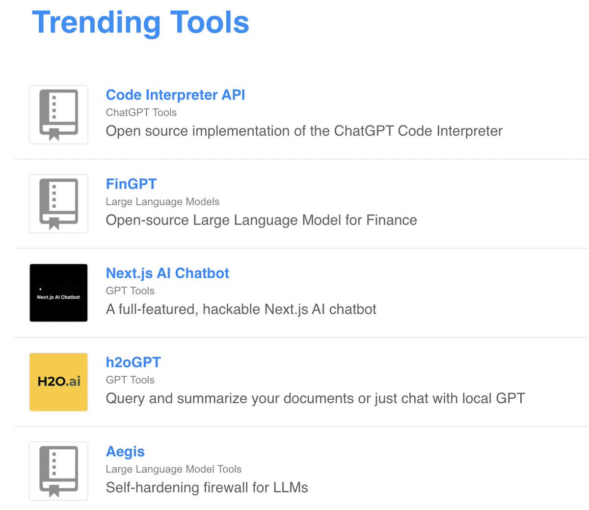 stackshareio's tweet photo. 📈 ICYMI: Top 5 New Trending Tools 👇🏾

1. #CodeInterpreterAPI 
2. #FinGPT 
3. #NextjsAIChatbot 
4. @h2oai
5. @AutomorphicAI (#Aegis)

👉🏾 https://t.co/WWDcmrma3A 

🗞 Subscribe to StackShare Weekly: https://t.co/LUQD8dRy6P https://t.co/tfvGvopK3t
