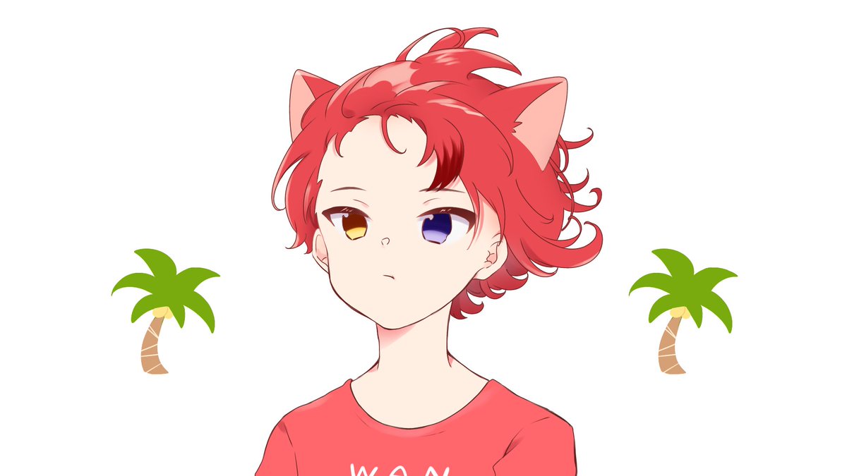 heterochromia animal ears red hair 1boy solo cat ears shirt  illustration images