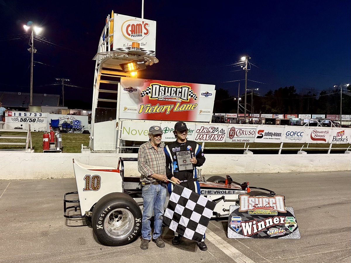 OswegoSpeedway's tweet image. It doesn’t get much better than this - third generation driver Griffin Miller and proud Grandpa Steve in Oswego Speedway victory lane with the restored 10-Pins ❤️🎳 #RetroNight #SteelPalace