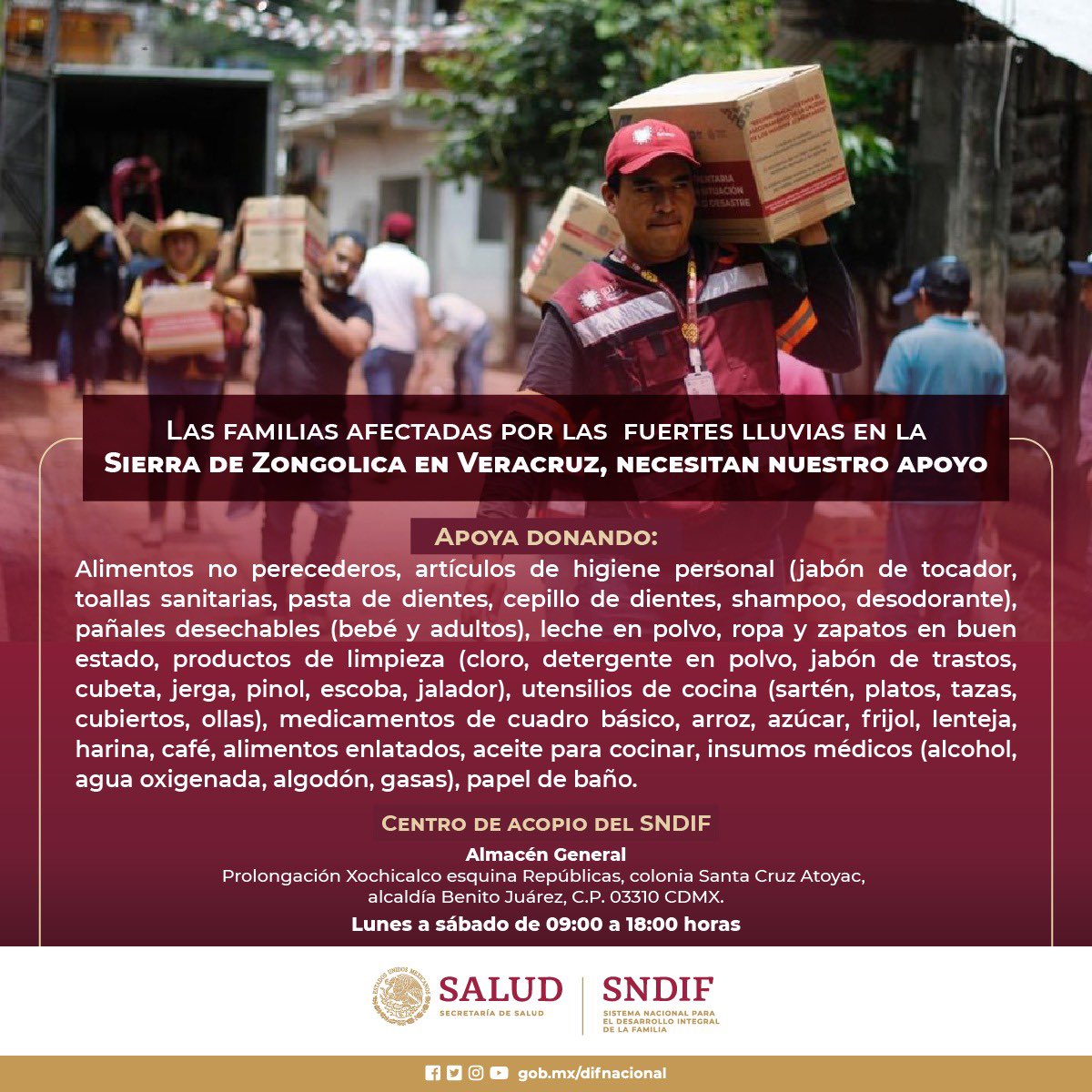 DIF_NMX's tweet photo. ¡Apoya a las familias afectadas en Veracruz!

Acude al Centro de Acopio del #SNDIF y aporta artículos de primera necesidad. 

📍 Prol. Xochicalco esq. Repúblicas, Sta. Cruz Atoyac, CDMX
🕘 Lunes a sábado de 9-18 h https://t.co/QFBPYvCPAi